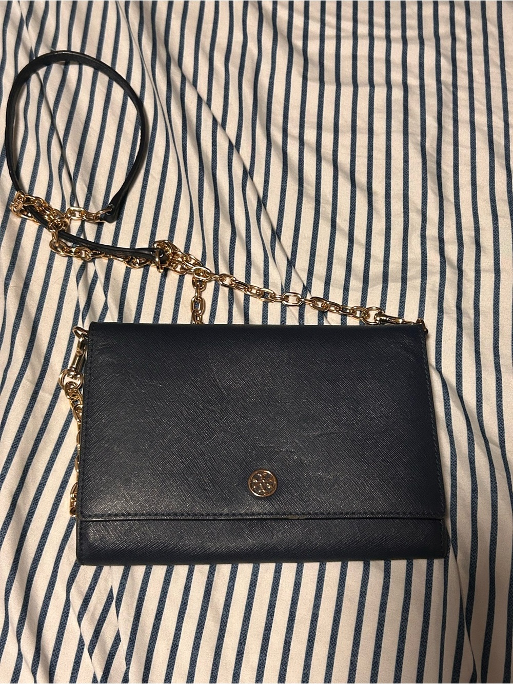 Tory Burch Navy Leather Crossbody with Gold Chain Strap